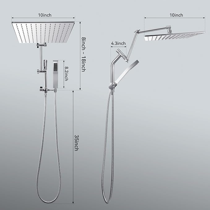 All Metal 10 Inch Rain Shower Head with Handheld Built-in Power Wash Mode, High Pressure Waterfall Rainfall Square Shower Heads with 16" Adjustable Extension Arm, Dual Showerhead(Chrome)