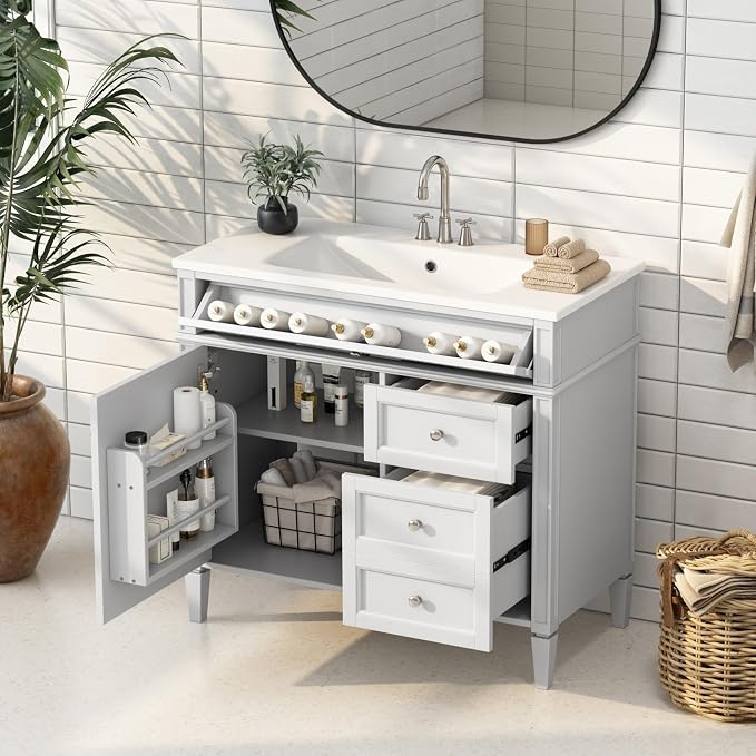 Merax 36'' Bathroom Vanity Without Top Sink, Solid Rubberwood Frame Cabinet | Modern Bathroom Vanity Storage Cabinet with 2 Drawers, Tip-out Drawer, Adjustable Shelf, Soft Closing Doors, White