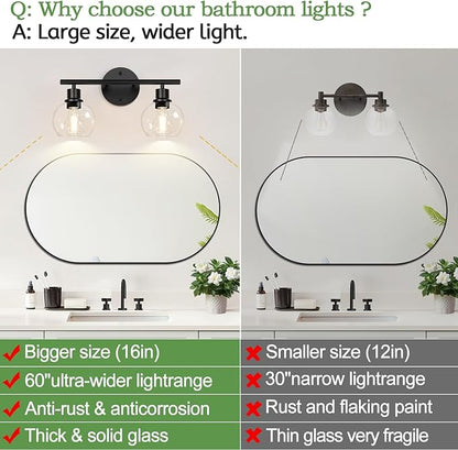 2-Light Bathroom Vanity Light, Matte Black Bathroom Light Fixture Over Mirror with Clear Glass Globe Shades, Modern Farmhouse Wall Sconce for Bathroom, Kitchen, Bedroom, Hallway