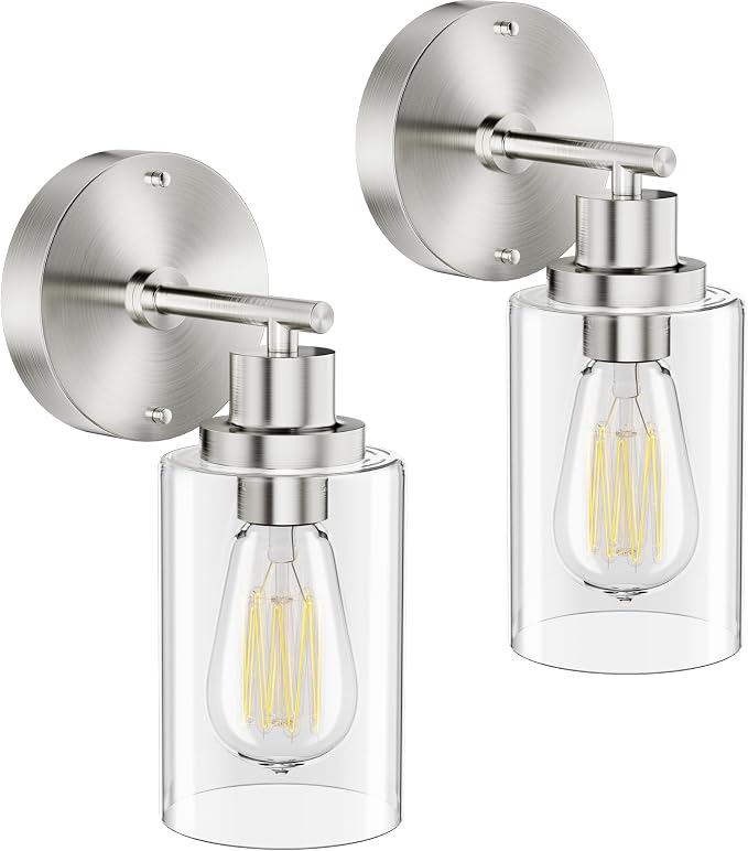 GORDNWE Bathroom Wall Sconce Set of 2, Brushed Nickel Vanity Light Fixtures | E26 Bulb Base, Clear Glass Shade, Modern, Mirror, Bedroom, Lamp, Wall Mount Light Fixtures