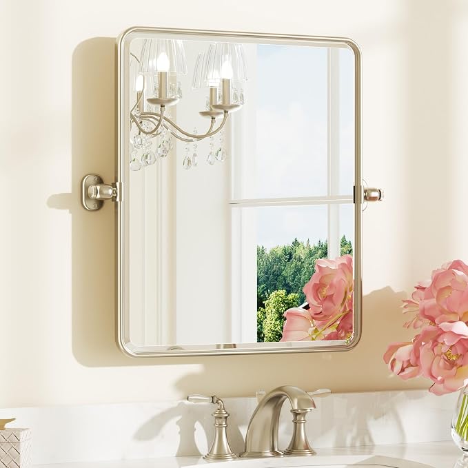 Keonjinn 20x24 Inch Brushed Nickel Povit Mirror for Bathroom, Tilt Mirror | Tenmpered Glass, Rectangle, Adjustable Bathroom Mirrors for Over Sink, Farmhouse, Metal Framed, Horizontal/Vertical