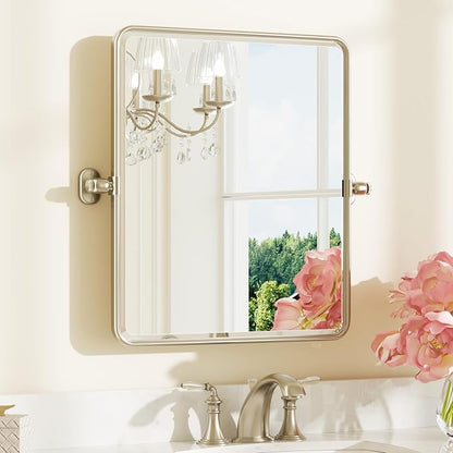 Keonjinn 20x24 Inch Brushed Nickel Povit Mirror for Bathroom, Tilt Mirror | Tenmpered Glass, Rectangle, Adjustable Bathroom Mirrors for Over Sink, Farmhouse, Metal Framed, Horizontal/Vertical