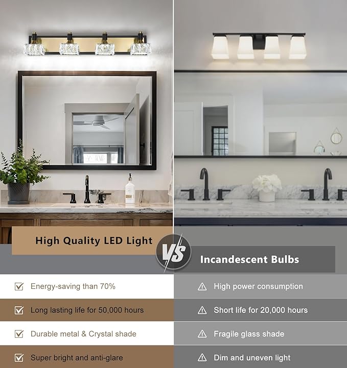 4-Light Bathroom Vanity Light Dimmable, 24W LED Bathroom Lighting Fixtures Over Mirror, Gold Black Wall Sconce with Crystal Shade for Daylight Illumination