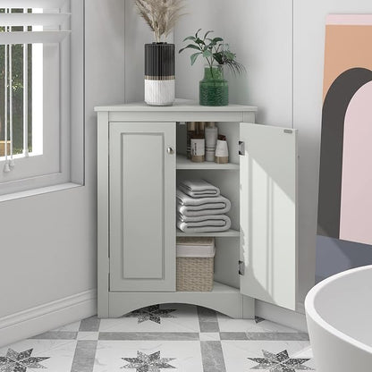 Corner Storage Cabinet with Two Doors for Bathroom, Living Room or Kitchen, Adjustable Shelf, Freestanding Floor Space Saver, Gray