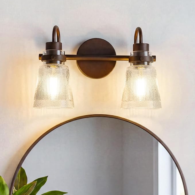 2-Light Bathroom Vanity Light, 13.8 Inch Farmhouse Bathroom Light Fixtures with Clear Striped Glass Shade, Oil Rubbed Bronze Wall Sconce Lighting Over Mirror for Bedroom Hallway Cabinet