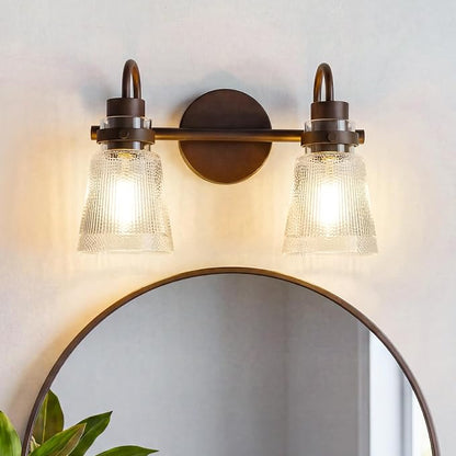 2-Light Bathroom Vanity Light, 13.8 Inch Farmhouse Bathroom Light Fixtures with Clear Striped Glass Shade, Oil Rubbed Bronze Wall Sconce Lighting Over Mirror for Bedroom Hallway Cabinet