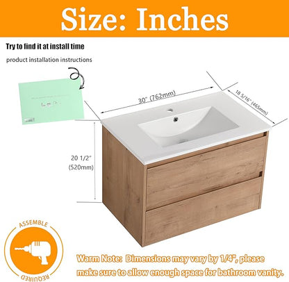 30 inch Floating Bathroom Vanity with Ceramic Sink, 30'' Wall Mounted Cabinet with 2 Soft-Closing Drawers, Space Saving for Small Bathroom, Modern Storage Cabinet, Brown Finish
