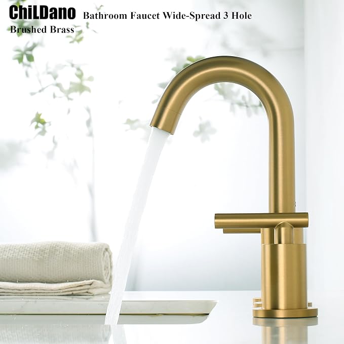 Brushed Brass Bathroom Faucet 3 Hole with Pop Up Drain with Over Flow and Supply Hose, Stainless Steel 8 in Widespread Gold Bathroom Sink Faucet, ChiLDano 2 Handle Gold Bathroom Faucet CH2183BBG