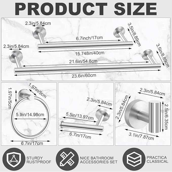 Gisafai 15 Pcs Brushed Nickel Bathroom Accessories Hardware Set Silver Towel Racks for Bathroom SUS304 Stainless Steel 23.6 Inch Brushed Towel Bar Ring Toilet Paper Holder Robe Hooks Wall Mounted