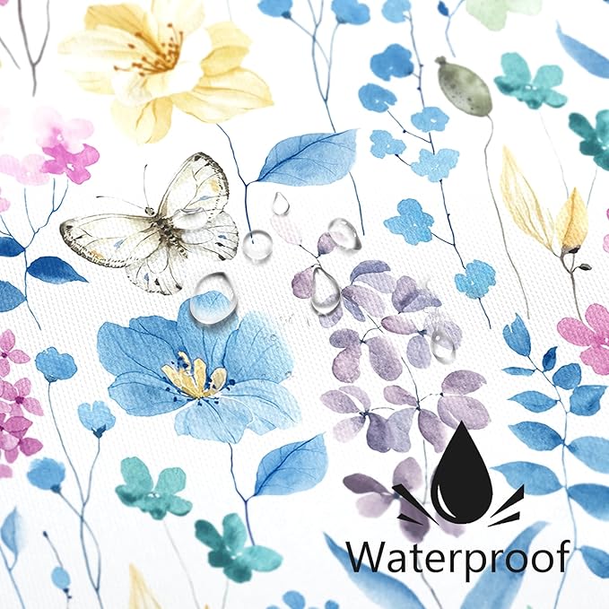 Small Stall Shower Curtain 36 x 72 Inch, Half Narrow Blue Pink Floral Shower Curtains for Bathroom, Watercolor Flower Butterfly Fabric Shower Curtain Set with Hooks