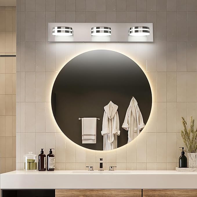 Brushed Nickel Bathroom Vanity Light, (24in Dimmable) 3-Light Bathroom Light Fixtures Over Mirror, LED 5500K Vanity Lights with 360°Rotating Lamp Head