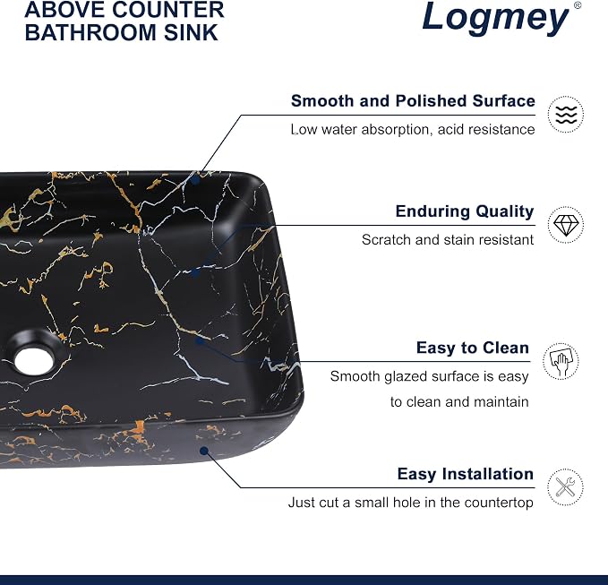 Logmey Rectangle Marble Black Vessel Sink | 23"x15" Ceramic Countertop Bathroom Sink Modern Black Yellow Marble Pattern Porcelain Vanity Sink Lavatory Art Basin