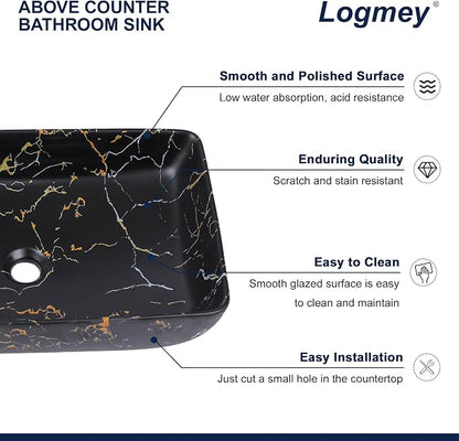 Logmey Rectangle Marble Black Vessel Sink | 23"x15" Ceramic Countertop Bathroom Sink Modern Black Yellow Marble Pattern Porcelain Vanity Sink Lavatory Art Basin