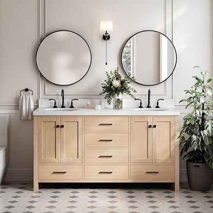 ARIEL Cambridge 66-inch Bathroom Vanity Base Cabinet,Solid Wood, 4 Soft Closing Doors, 6 Dovetail Drawers, White Oak