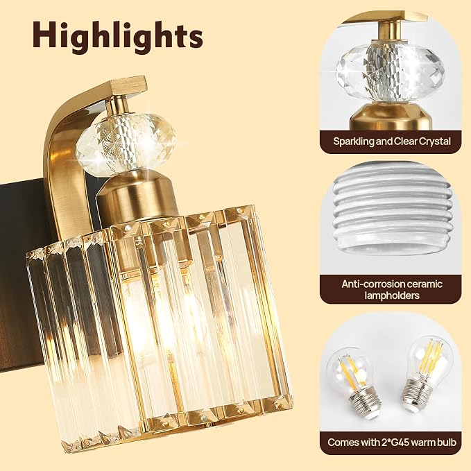 Modern Bathroom Vanity Light, 2-Light Black Gold Bathroom Lighting Fixtures Over Mirror, 12.6" Crystal Wall Light Sconce for Bathroom/Bedroom/Vanity, Includes LED Bulbs, Easy Installation