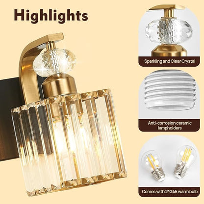Modern Bathroom Vanity Light, 2-Light Black Gold Bathroom Lighting Fixtures Over Mirror, 12.6" Crystal Wall Light Sconce for Bathroom/Bedroom/Vanity, Includes LED Bulbs, Easy Installation