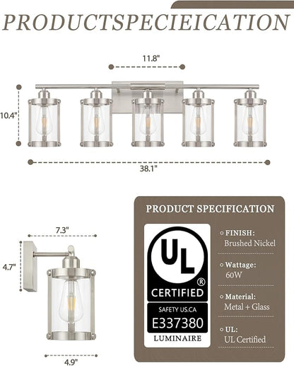 5-Light Brushed Nickel Bathroom Light Fixtures Over Mirror with Clear Glass and Metal Cage Shade, 38" UL-Listed Modern Farmhouse Wall Sconce for Bath, Hardwire E26, OS-3014BN-5W
