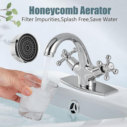 Aolemi Bathroom Sink Faucet Single Hole Cold and Hot Double Handle Cross Knobs Vanity Vessel Sink Basin Mixer Tap with Deck Cover Plate with Pop Up Drain Polish Chrome