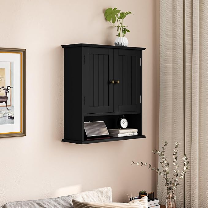 Smuxee Black Wall Cabinet, Small, 2-Door Medicine Cabinet with Adjustable Shelves, Over Toilet, For Kitchen and Laundry Rooms