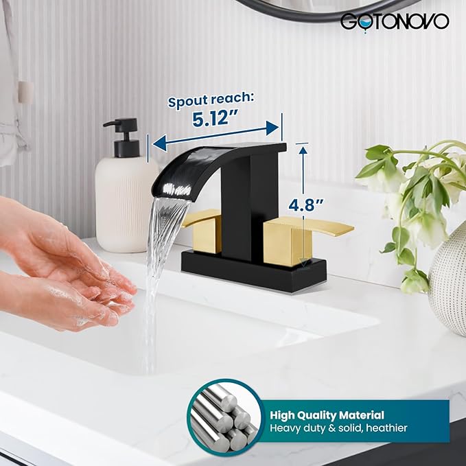 gotonovo Waterfall 4 Inch Centerset Bathroom Sink Faucet 2 Handle Basin Faucets 2 or 3 Hole Deck Mount with Pop Up Drain Included Lavatory Modern Mixer Tap Vanity Faucet Matte Black & Brushed Gold