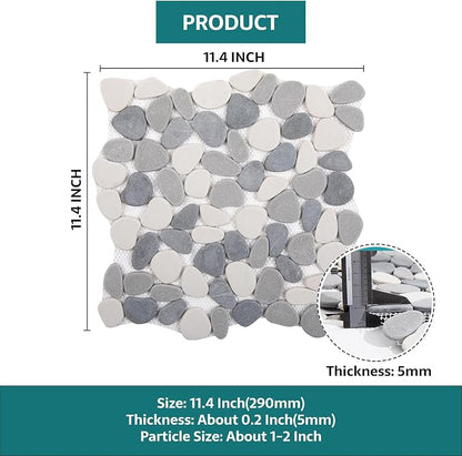 Pebble Tile, Grey with White Pebble Tiles for Shower Floor Kitchen Backsplash Bathroom Wall and Floor Tile, 5 Sheets