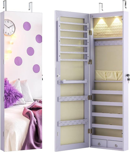 Giantex Wall or Door Mounted Jewelry Armoire with 47.5" Full Length Mirror, Lockable Cabinet with 2 LED Lights, 2 Drawers, Over the Door Large Jewelry Storage Organizer (Lavender)