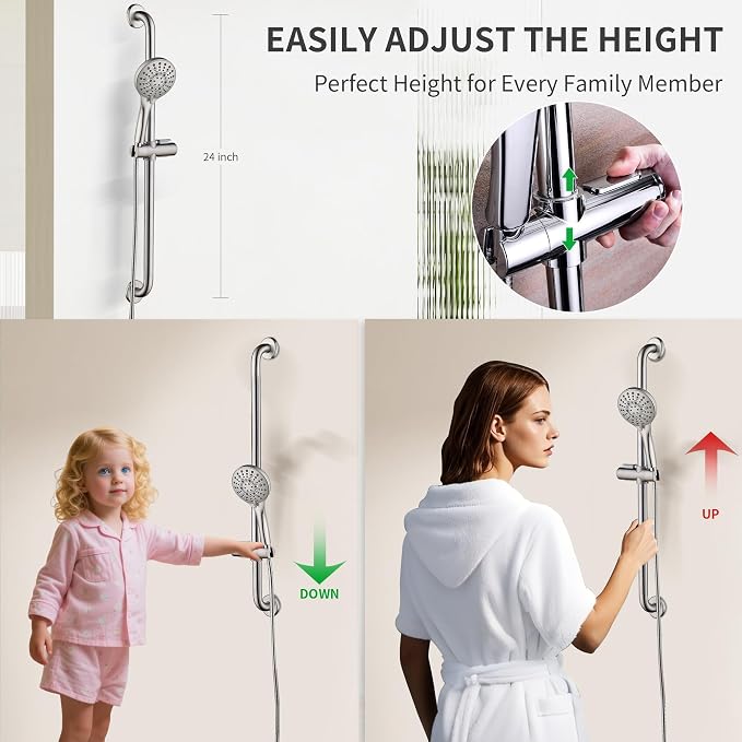 BRIGHT SHOWERS Slide Bar Shower Set with Handheld Shower Head, ADA-Compliant Stainless Steel Grab Bar, Adjustable Height and 69-Inch Hose, Brushed Nickel