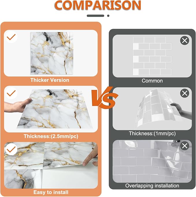 10 Sheets Marble Peel and Stick Backsplash Tile, 12"x12" Waterproof PVC Self Adhesive Tile Shower Wall Panels for Bathroom, Kitchen, Living Room (Metallic White)