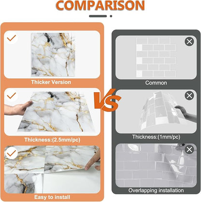 10 Sheets Marble Peel and Stick Backsplash Tile, 12"x12" Waterproof PVC Self Adhesive Tile Shower Wall Panels for Bathroom, Kitchen, Living Room (Metallic White)