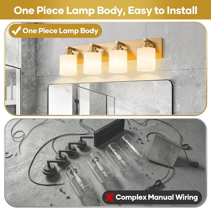 Vanity Lights for Bathroom, 4-Light Brushed Gold Bathroom Vanity Light Over Mirror with Milky White Glass Shades, Modern Bathroom Light Fixtures for Living Room Hallway Cabinet (Bulbs Not Included)