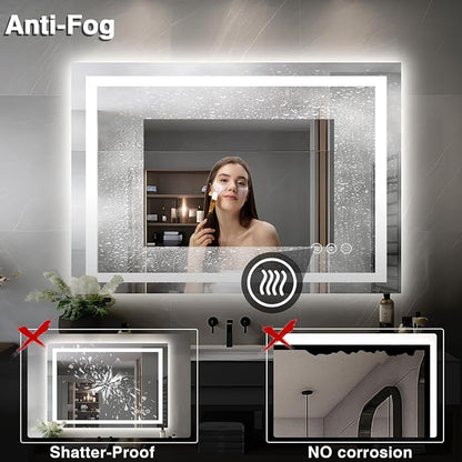 EchosLife 44"x32" Bathroom Mirror with LED Lights | Backlit + Front Lit, Anti-Fog, Stepless Dimmable, 3 Colors, Memory, Tempered Glass, UL Listed, Horizontal/Vertical