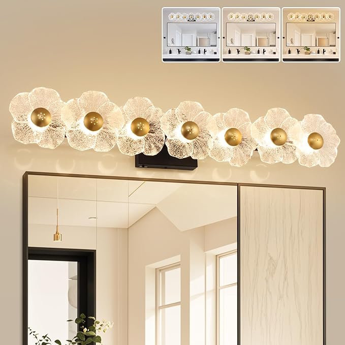 MantoLite Bathroom Light Fixtures Modern Vanity Light Over Mirror Adjustable 3000K-6000K Picture Lights Art Light with Floral Clear Glass Shades for Living Room Bedroom Wall Sconces (7 Light Black)