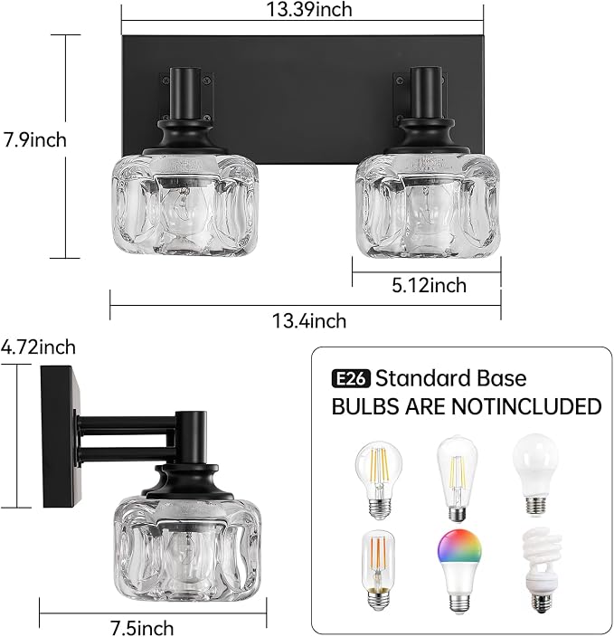 Farmhouse Vanity Light Fixtures 2-Light Bathroom Vanity Light Black Vanity Lights for Bathroom(13.3inches in Length)