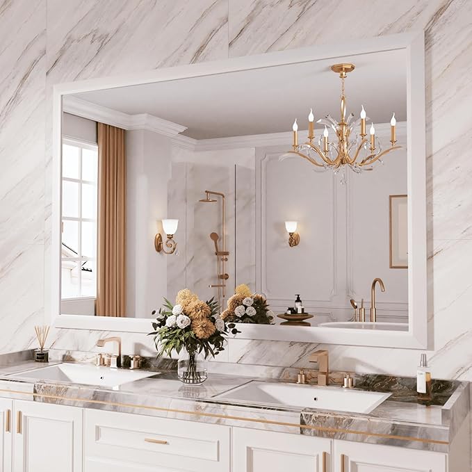 Bathroom Mirror for Wall, 60x40 Inch (White) | HD Reflection, Tempered Glass, Thick Metal Framed Rectangle Mirrors for Over Sink, Vanity, Bedroom, Living Room, Entryway.