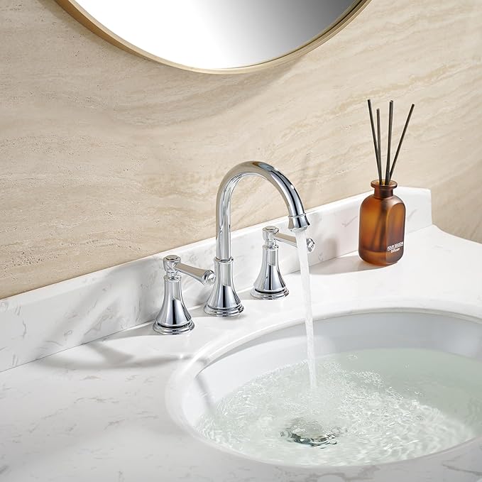 Chrome Two Handle 8 inch Widespread Bathroom Sink Faucet 3 Holes with Pop-Up Drain, High Arc Modern Bathroom Vanity Faucet with Brass 360° Swivel Spout,TAF830Y-CP