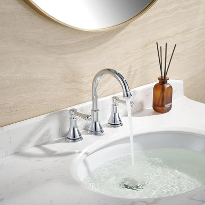 Chrome Two Handle 8 inch Widespread Bathroom Sink Faucet 3 Holes with Pop-Up Drain, High Arc Modern Bathroom Vanity Faucet with Brass 360° Swivel Spout,TAF830Y-CP