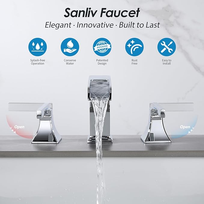 Chrome Bathroom Sink Faucet,Sanliv 3-Piece Widespread Bathroom Faucets for 3-Hole Sinks 4-8 inch,2-Handle Waterfall Vanity Faucet with Drain Assembly,Polished Chrome