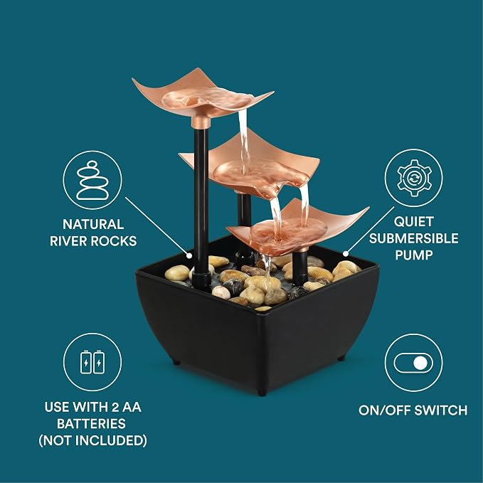 Homedics Tabletop Water Fountain, 3 Tier Indoor Waterfall Fountain | with Natural River Rocks, Quiet Pump for Relaxation, Zen Home & Office Desk Décor, AA Battery Powered