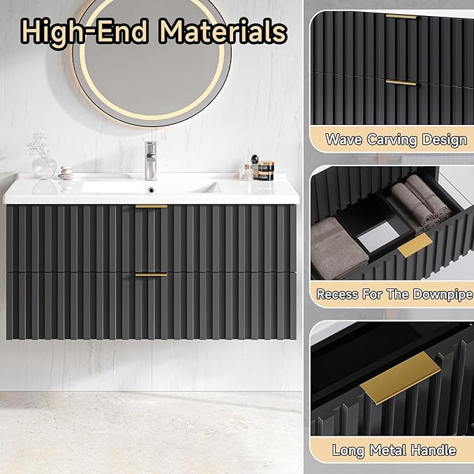 ONBRILL 36 Inch Bathroom Vanity with Sink Combo, Floating Bathroom Vanity with 2 Fluted Drawers & Metal Handle, Modern Wall Mount Storage Cabinet with Ceramic Integrated Sink for Small Space (Black)