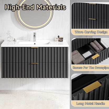 ONBRILL 36 Inch Bathroom Vanity with Sink Combo, Floating Bathroom Vanity with 2 Fluted Drawers & Metal Handle, Modern Wall Mount Storage Cabinet with Ceramic Integrated Sink for Small Space (Black)