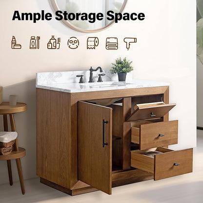 Vanity Art 42 inch Bathroom Vanity with Single Sink, Modern Wood Bath Vanity with Carrara Marble Top, Vanity Cabinet with Doors， Removable Shelf, Solid Wood Frame, Ceramic Sink, Tan, VA7042E
