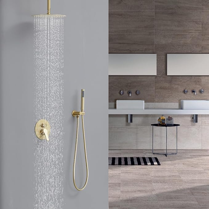 Iriber Brushed Gold Ceiling Mount Round Rain Shower System with 12 Inch Shower Head and Handheld Bathroom Golden Shower Set Contain Shower Faucet Mixer Trim Kit (Valve Included)