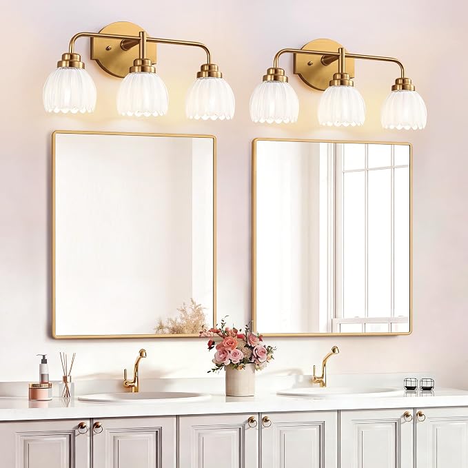 maesta Gold Broom Light Fixture,3 Light Vintage Vanity Light Over Mirror | Vintage Vanity Light, Brushed Gold Metal & Milk White Glass Shades, Anti-Rust, Easy to Install for Bathroom Hallway Bedroom