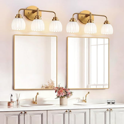maesta Gold Broom Light Fixture,3 Light Vintage Vanity Light Over Mirror | Vintage Vanity Light, Brushed Gold Metal & Milk White Glass Shades, Anti-Rust, Easy to Install for Bathroom Hallway Bedroom