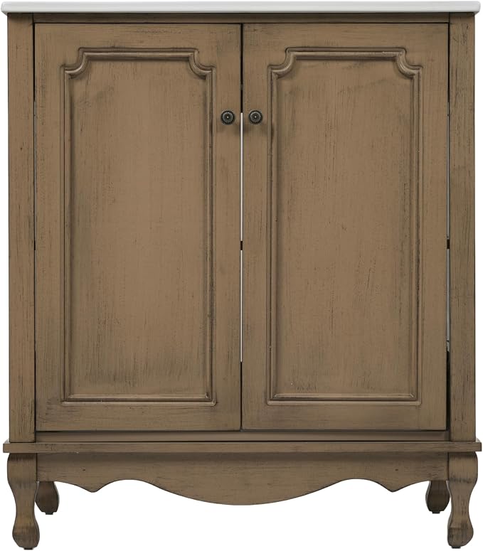 Merax 30" Vintage Bathroom Vanity with Sink, Bathroom Storage Vanity Cabinet with 2 Doors & Rubber Wood Legs & Adjustable Shelves & Antique Handles, Soft-Close Hinges, Antique Brown