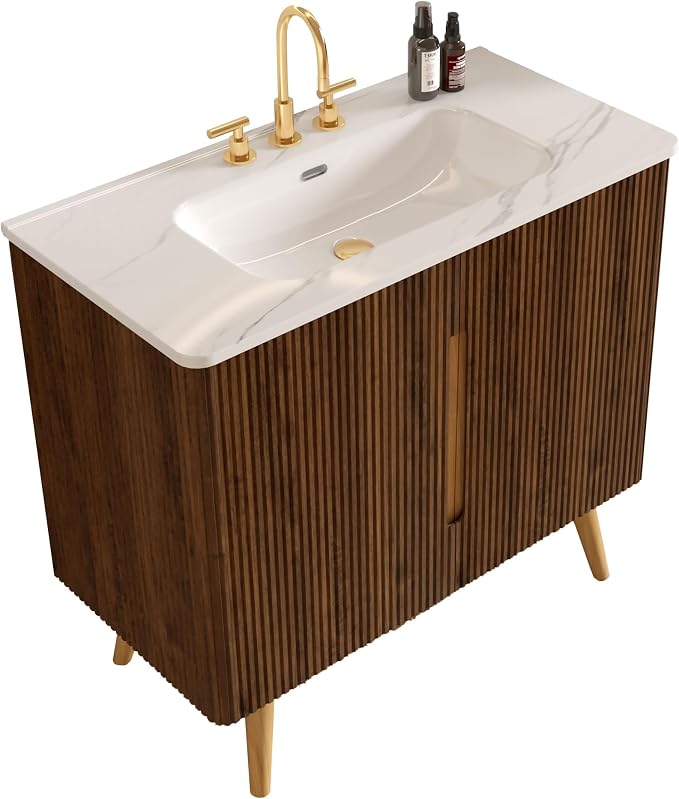 36" Modern Bathroom Vanity with Sink, Mid Century Modern Walnut Bathroom Cabinet with Carrara Marble Finish Sink, Doors, Large Storage with Adjustable Shelf