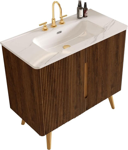 36" Modern Bathroom Vanity with Sink, Mid Century Modern Walnut Bathroom Cabinet with Carrara Marble Finish Sink, Doors, Large Storage with Adjustable Shelf