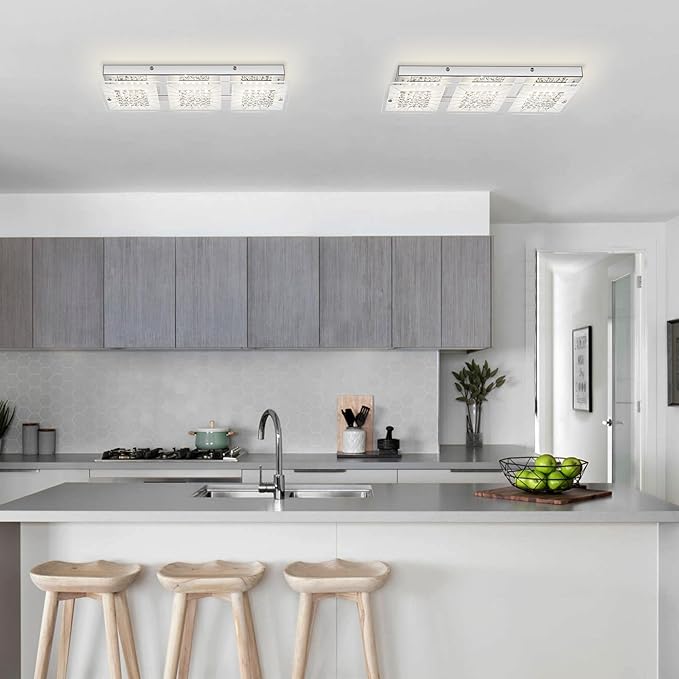 Crystal Ceiling Light Flush Mount 18 Inch Rectangular Crystal Ceiling Light Fxiture LED 4000K Dimmable Ceiling Mounted Light for Kitchen, Hallway, Bedroom, Foyer, 18W