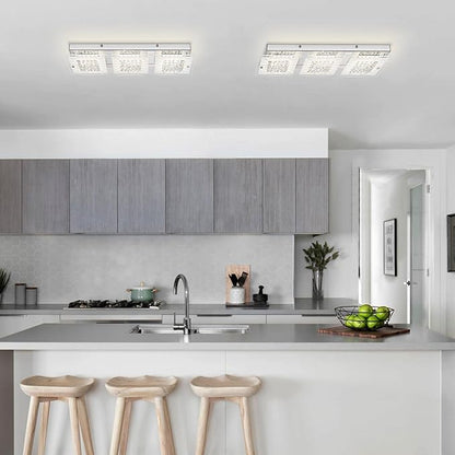 Crystal Ceiling Light Flush Mount 18 Inch Rectangular Crystal Ceiling Light Fxiture LED 4000K Dimmable Ceiling Mounted Light for Kitchen, Hallway, Bedroom, Foyer, 18W