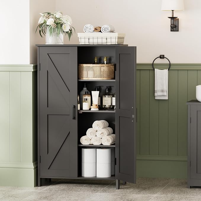 Homleke 43.3" H Farmhouse Bathroom Storage Cabinet with Adjustable Shelves | Freestanding Storage Cabinet with Barn Doors for Bathroom, Kitchen, Living Room, Dining Room & Entryway, Black